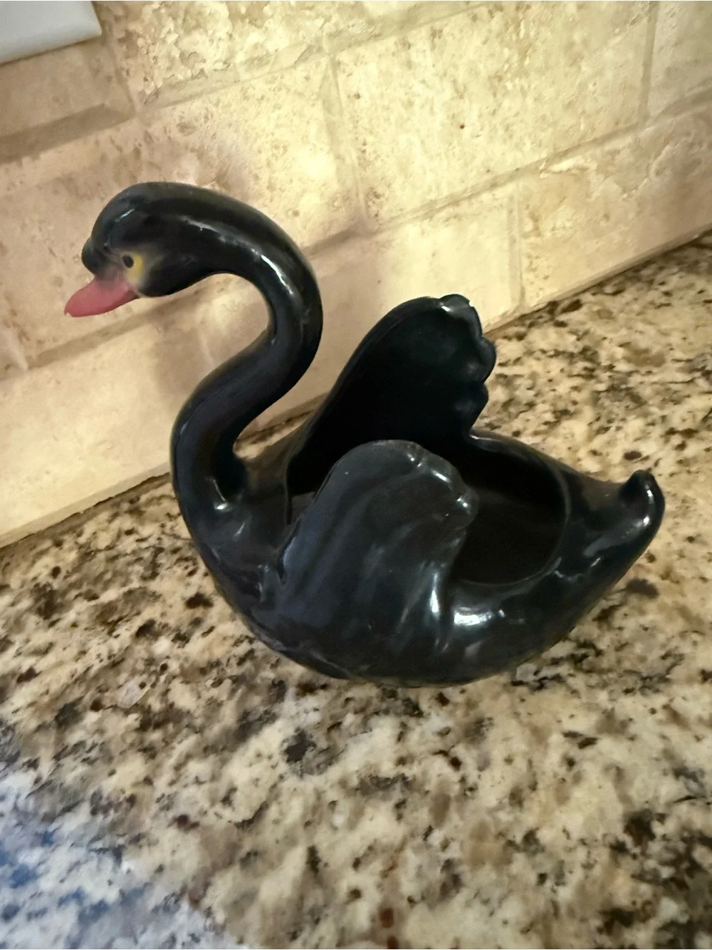 Black Ceramic Swan Figurine with Pink Beak